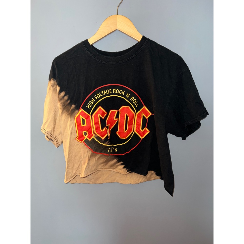 AC/DC High Voltage Rock N Roll Bleached Tie Dye Cropped Graphic Tee Black M/L